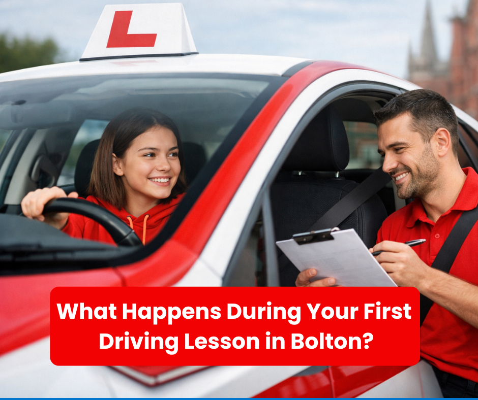 Learner driver having her first driving lesson with a driving instructor in Bolton UK