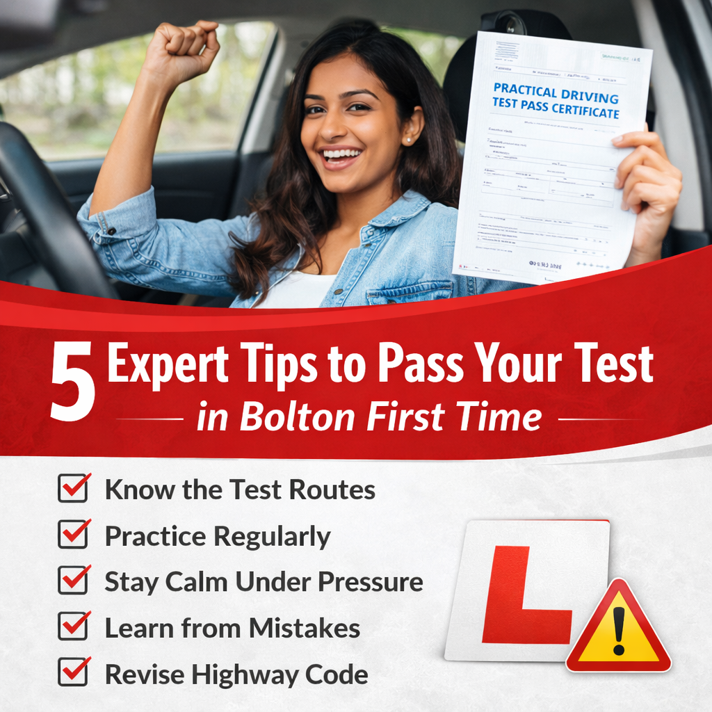 A joyful woman holding a 'Practical Driving Test Pass Certificate' inside a car in Bolton. The image features a checklist of 5 expert tips: Know the Test Routes, Practice Regularly, Stay Calm Under Pressure, Learn from Mistakes, and Revise Highway Code. Also includes a red L-plate and a warning sign icon. Optimized for driving test success in Bolton, UK.