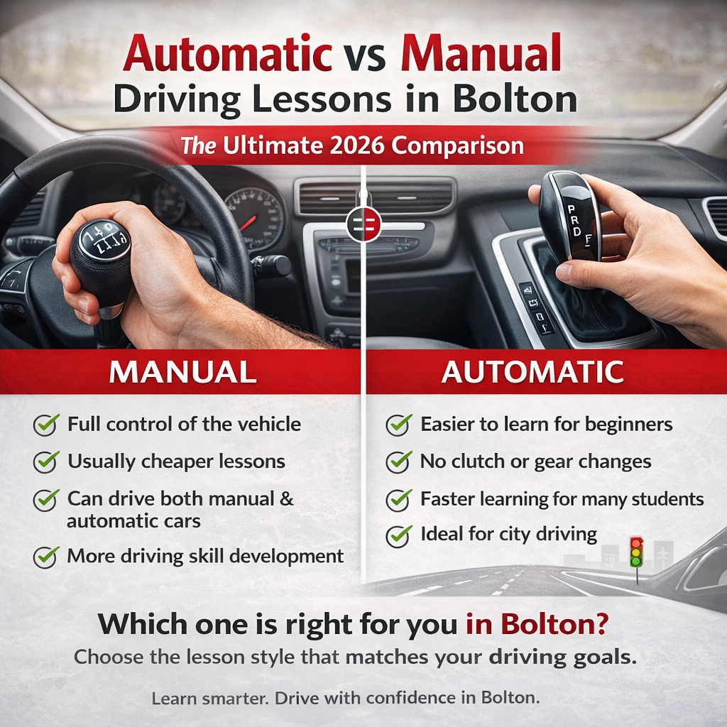 Automatic vs manual driving lessons in Bolton comparison for learner drivers in 2026