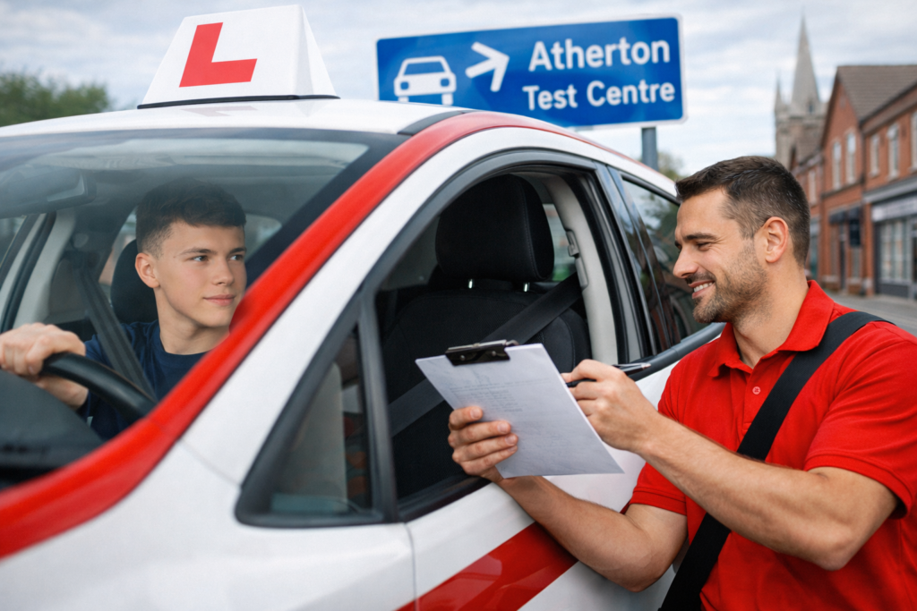 Driving instructor giving driving lessons in Atherton to a learner driver on a local road