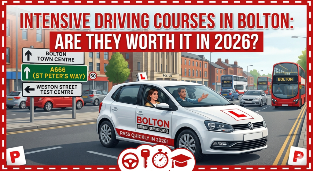 Intensive driving course Bolton with white car and red L-plates near A666 St Peter's Way and Weston Street test centre.
