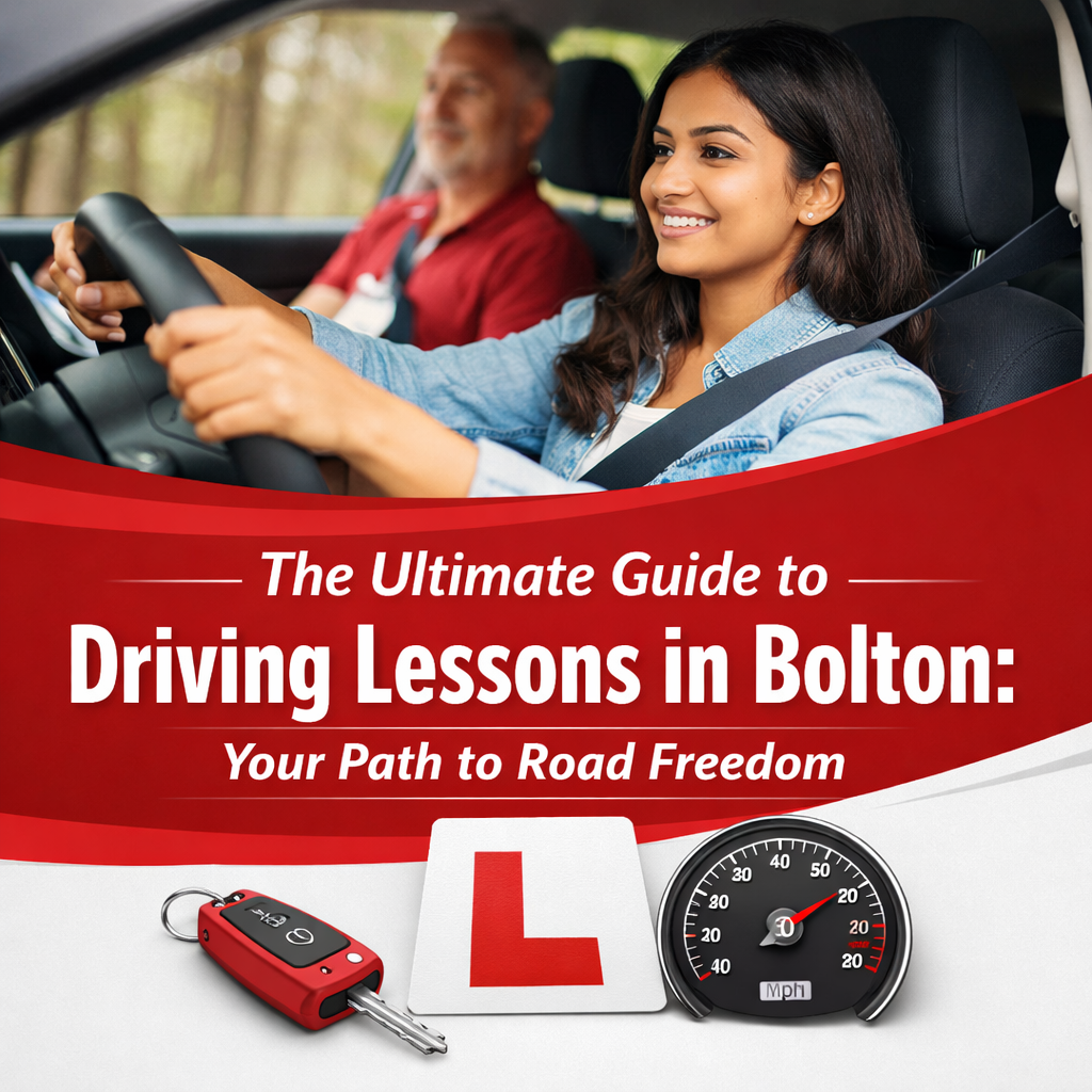 A smiling girl taking a driving lesson in Bolton with an instructor, showcasing the text "The Ultimate Guide to Driving Lessons in Bolton".