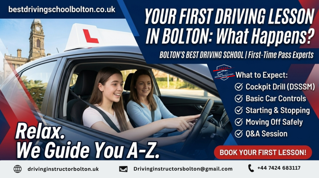 Infographic banner showing a young female student and a professional female instructor during their first driving lesson in Bolton, explaining the cockpit drill and basic car controls.