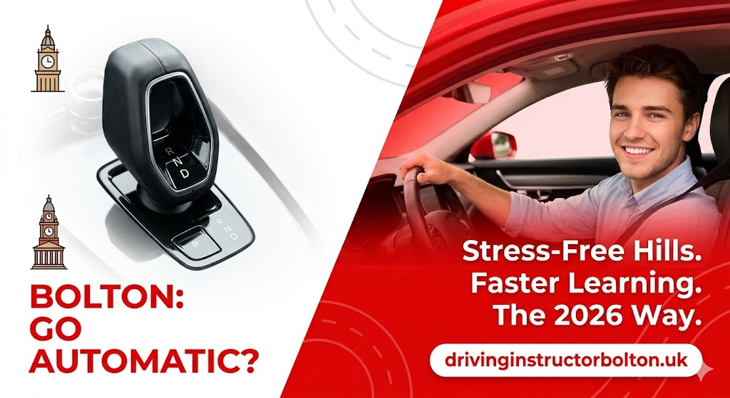 A professional driving instructor car parked in Bolton with a clear red and white aesthetic. The image highlights the choice between manual and automatic driving lessons near the Weston Street and Atherton test centres in 2026. Perfect for learners in BL3 and M46 areas looking for high pass rates and expert coaching.