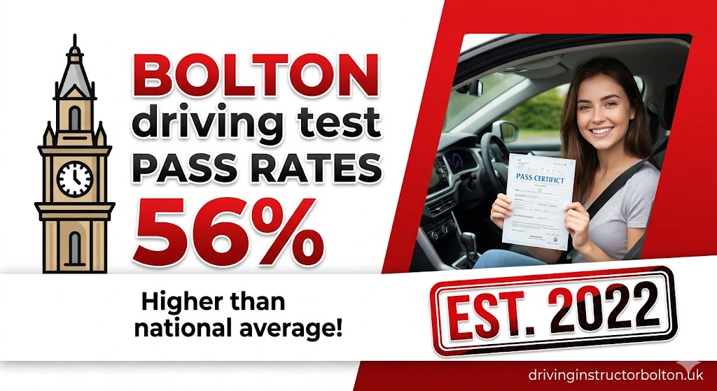 Driving test success certificate at Bolton Weston Street test centre showing 2026 pass rates and local driving instructor branding in red and white.