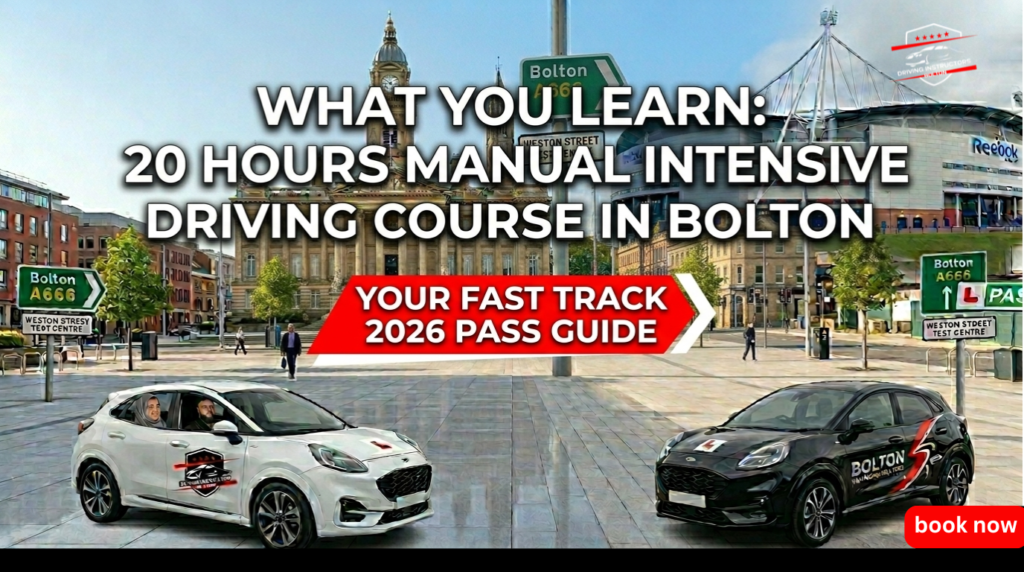 Two modern driving school cars, one white and one black, parked in a Bolton city square with a backdrop of local landmarks and text overlay for a 20-hour manual intensive driving course.