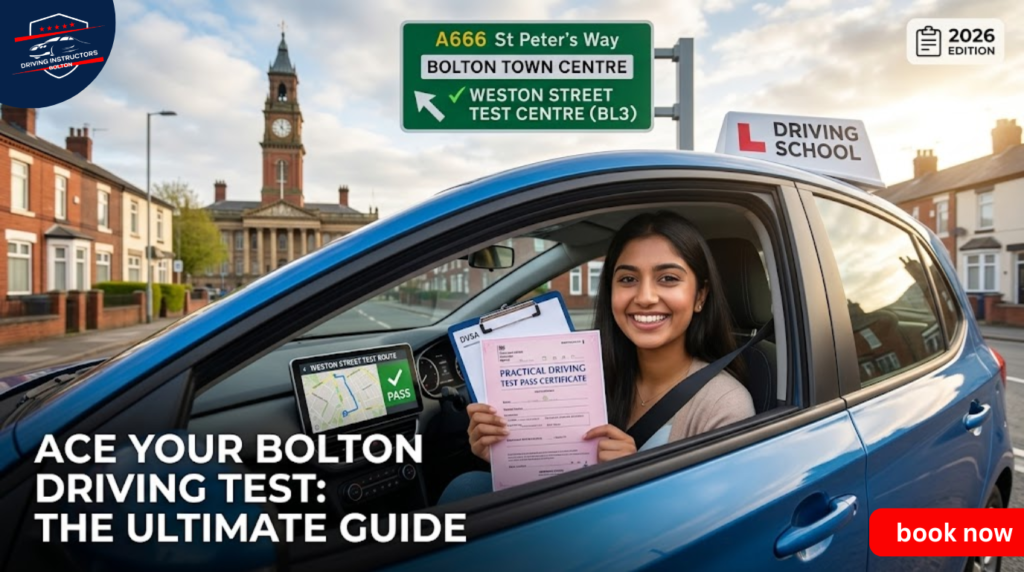 A happy female learner driver holding a pink DVSA practical driving test pass certificate inside a blue tuition car in Bolton. The background features the Bolton Town Hall and a green road sign for A666 St Peter’s Way and Weston Street Test Centre. Text: Ace Your Bolton Driving Test: The Ultimate Guide.