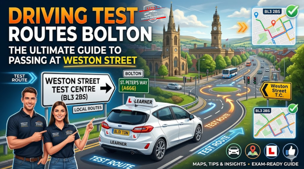 A professional blog banner for Bolton driving test routes featuring a white learner car on a Weston Street road layout with local landmarks and map overlays.