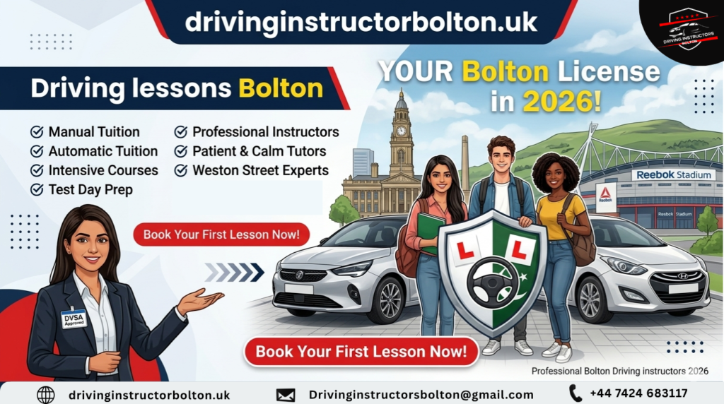Professional driving lessons Bolton banner featuring manual and automatic tuition, intensive courses, and student success at Weston Street.