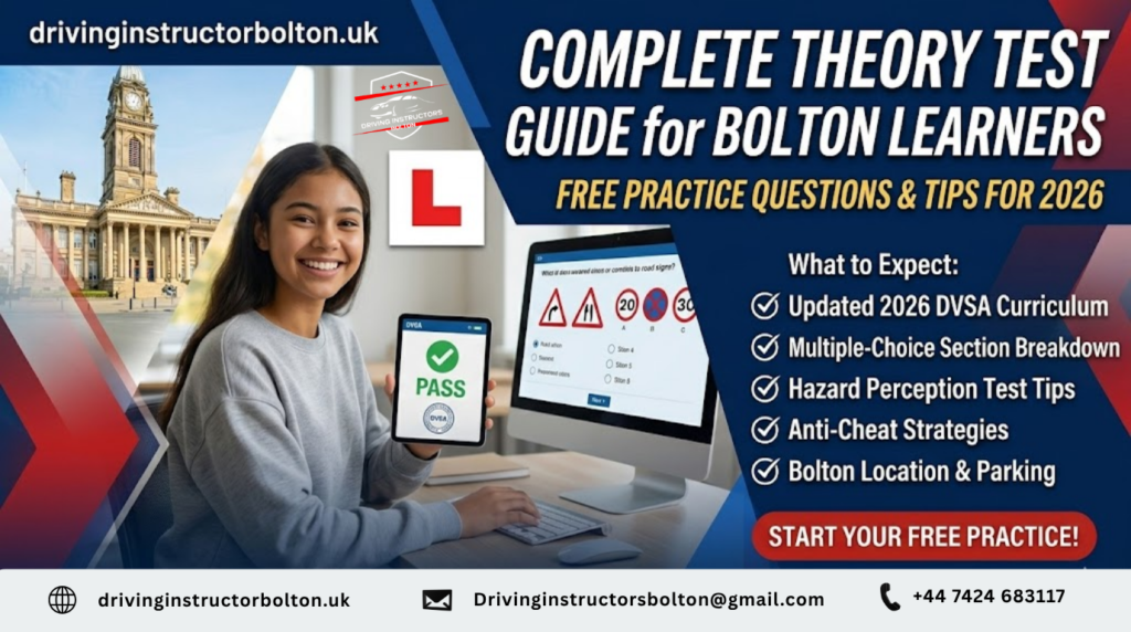 A professional banner for the Bolton theory test guide showing a student successfully passing a mock exam on a tablet, with the Bolton Town Hall in the background and a 2026 study checklist.