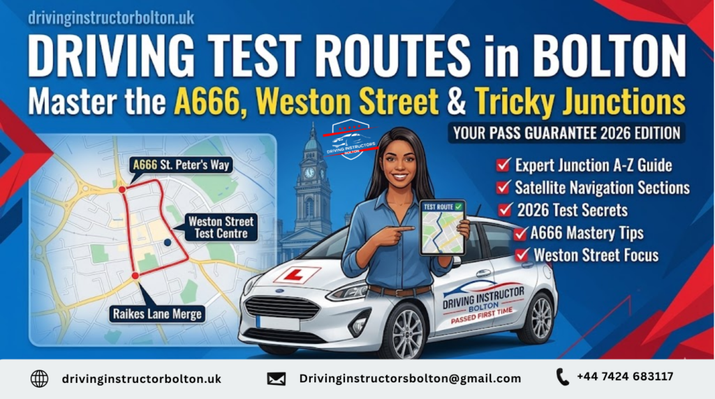 A professional banner for the Bolton driving test routes guide showing a map of the A666 St. Peter's Way, Weston Street test centre, and Raikes Lane merge, with a checklist of 2026 expert tips and a diverse female instructor and learner driver. Includes branding for drivinginstructorbolton.uk.