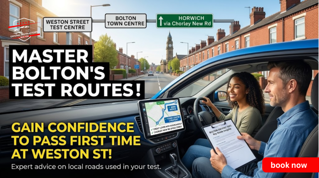 A professional banner showing a driving instructor and learner inside a car in Bolton, featuring a Sat-Nav displaying driving test routes Bolton near Weston Street, Chorley New Road, and the Town Centre. Real Bolton street background with directional signs.