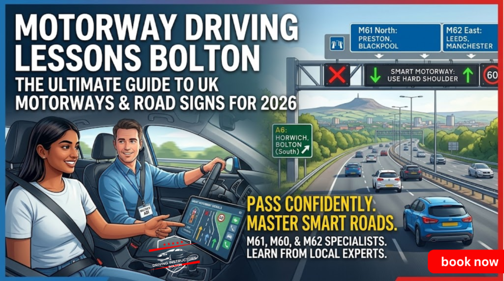 A professional driving instructor teaching a learner on the M61 motorway in Bolton. The banner shows a blue car, motorway gantry signs for M62 Leeds and M61 North Preston, and smart motorway 'Red X' signals. Optimized for Motorway driving lessons Bolton.