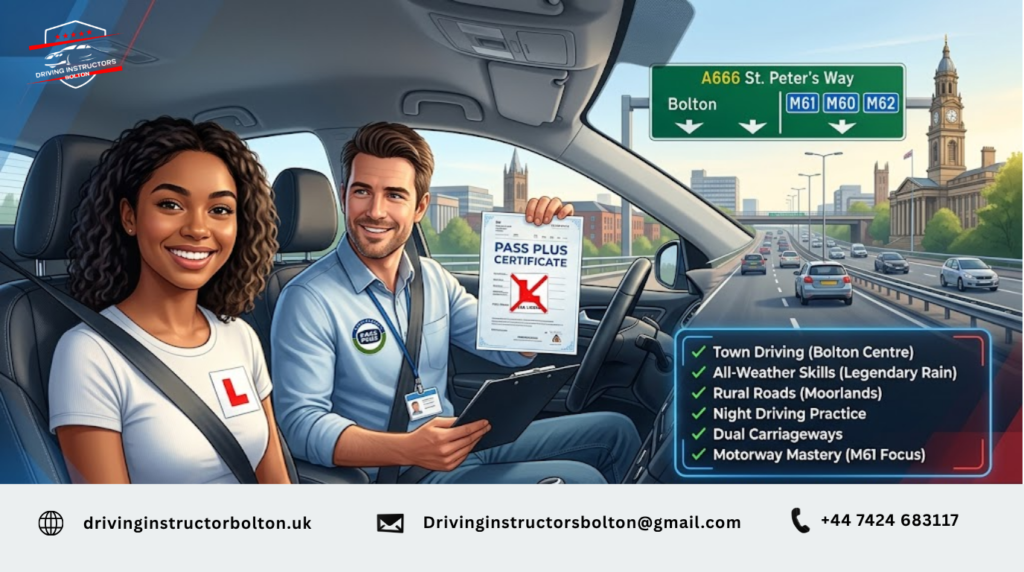 A professional Pass Plus Bolton banner showing a female driver removing L-plates and an instructor holding a Pass Plus certificate, with the A666 St Peter's Way and M61 motorway junctions in the background. Includes a 6-module checklist for advanced driving skills.
