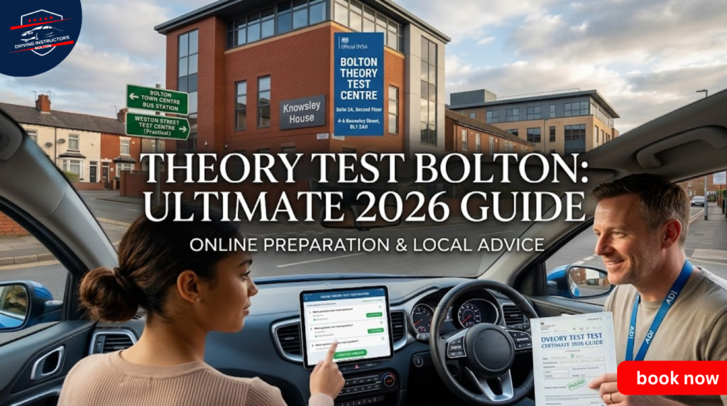 A learner driver in Bolton using a tablet for online theory test preparation. The background shows Knowsley House (Bolton Theory Test Centre) and a road sign pointing to Weston Street. Text overlay: THEORY TEST BOLTON: ULTIMATE 2026 GUIDE.