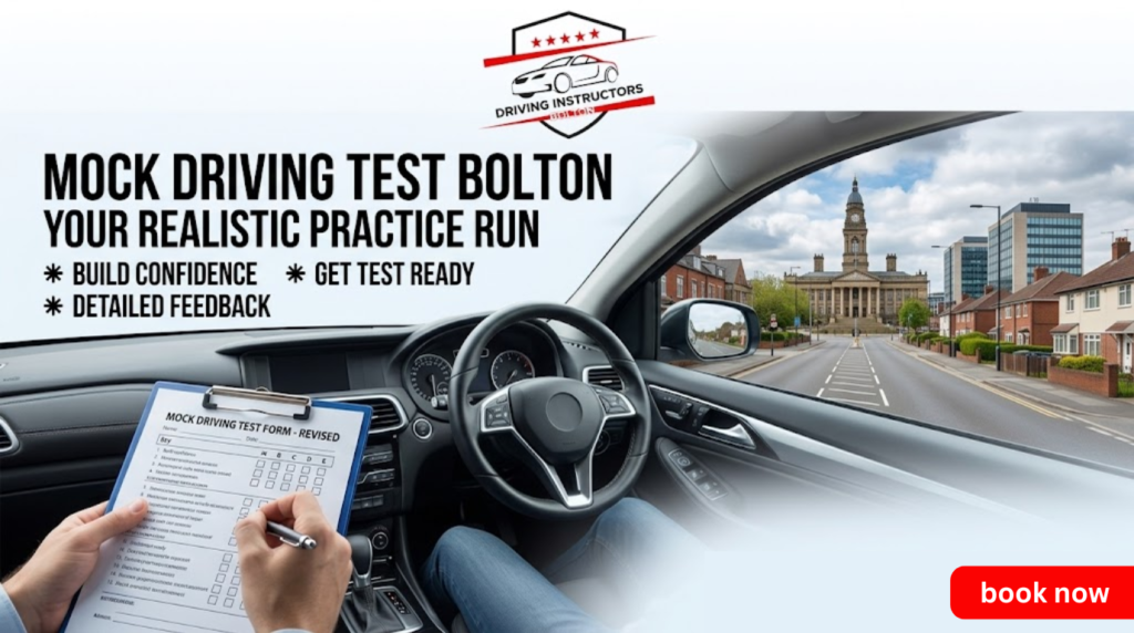 A digital marketing banner for 'Driving Instructors Bolton', featuring the five-star red logo, showing a driver's perspective from inside a modern car. The driver's hands are visible, along with a clipboard holding a 'MOCK DRIVING TEST FORM - REVISED' with checkboxes being marked by a pen. The car is driving on a clear road with the historic Bolton Town Hall building prominent in the background. Bold white text overlay on the top-left reads 'MOCK DRIVING TEST BOLTON. YOUR REALISTIC PRACTICE RUN' with bullet points: 'BUILD CONFIDENCE', 'GET TEST READY', and 'DETAILED FEEDBACK'. The website URL 'WWW.DRIVINGINSTRUCTORBOLTON.UK' is at the bottom right.