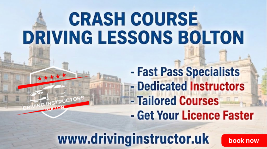 Blog banner for crash course driving lessons Bolton with Bolton Town Hall background. Text highlights fast pass specialists, dedicated instructors, and tailored courses from drivinginstructor.uk.