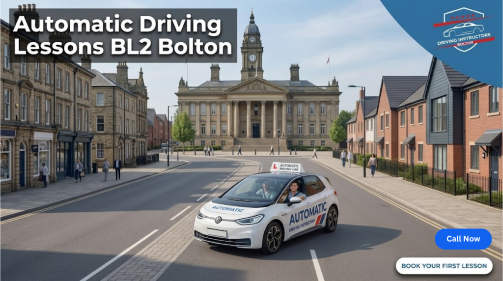 White automatic driving school car with an L-plate parked on a Bolton street in front of the town hall, featuring the Shah Driving School logo and the text "Automatic Driving Lessons BL2 Bolton".