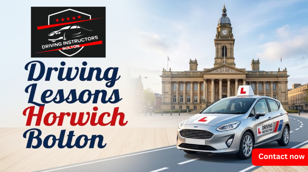 A promotional banner featuring a professional driving school car near Bolton Town Hall, advertising driving lessons horwich bolton.