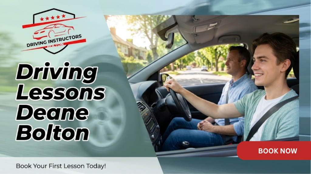 A professional instructor teaching a student during driving lessons in Deane, Bolton, with the Shah Driving School logo visible.