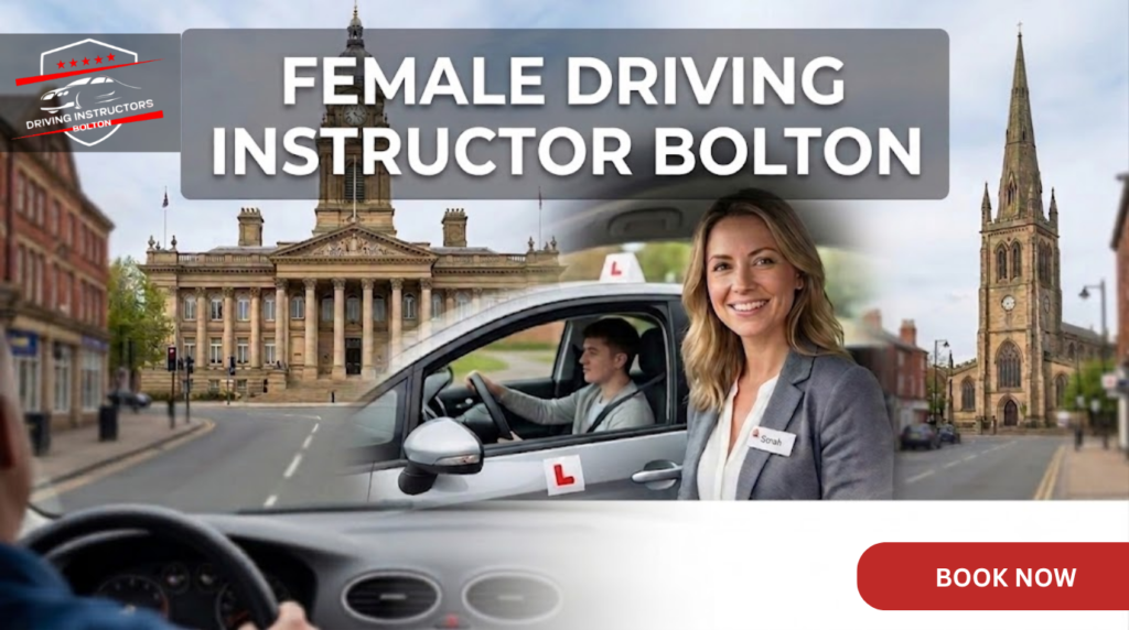 A professional female driving instructor smiling in a car, with Bolton landmarks in the background, promoting driving lessons in Bolton.