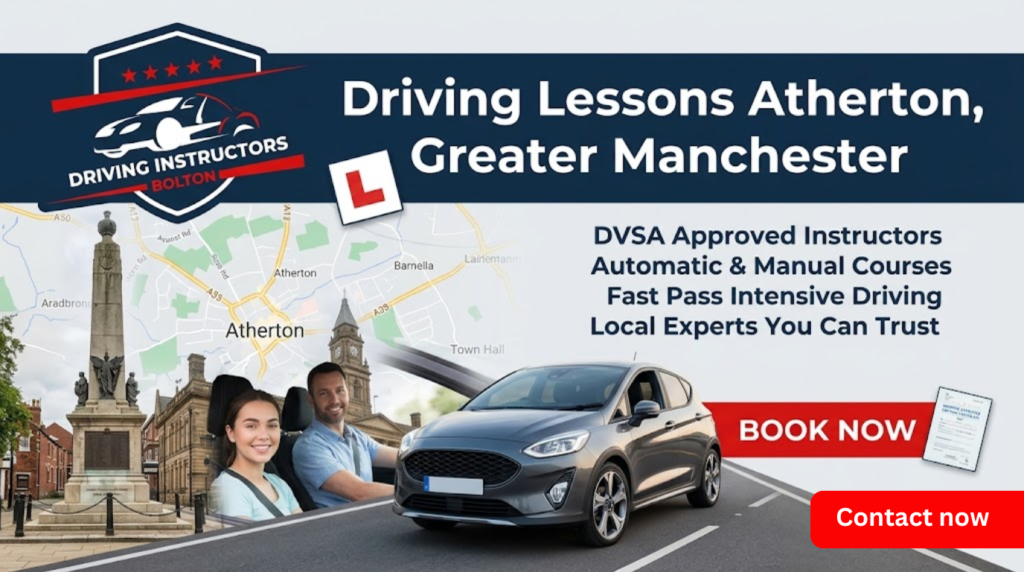 A promotional banner highlighting driving lessons in Atherton and Greater Manchester, featuring the brand logo from "DRIVING (1).png" and the keywords Affordable Crash Driving Courses Bolton.