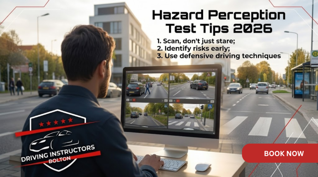 A student practicing the Hazard Perception Test 2026 on a computer with guidance from Driving Instructors Bolton logo visible.