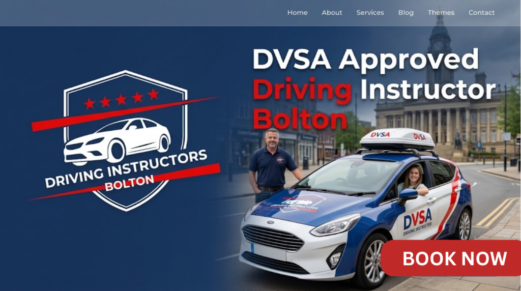A shield-shaped logo for "Driving Instructors Bolton" featuring five red stars, an angled red sash, and a white car silhouette, representing professional DVSA-approved driving tuition in Bolton.