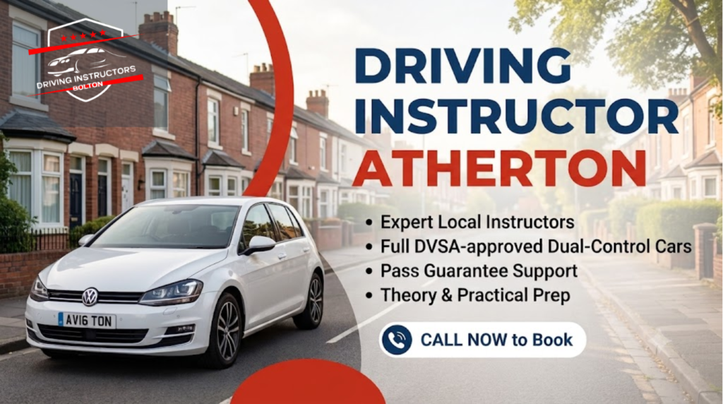 Web banner for driving instructors in Atherton featuring a white dual-control Volkswagen car parked on a UK residential street with key course highlights and a call-to-action button.