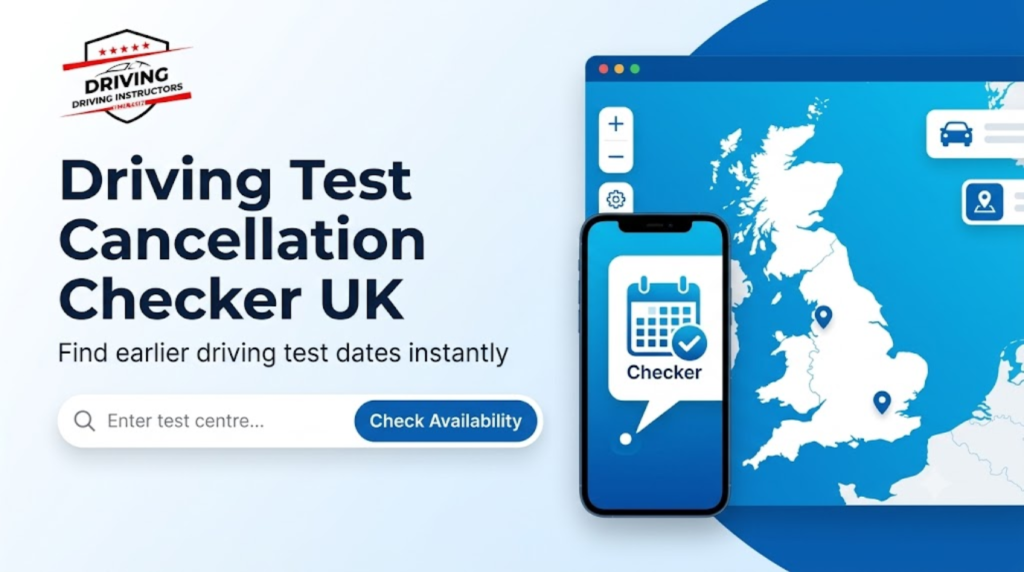 An infographic banner in shades of blue and white. On the left, it shows the logo for "DRIVING INSTRUCTORS BOLTON" and the title "Driving Test Cancellation Checker UK," followed by the subtitle "Find earlier driving test dates instantly" and a search bar with the label "Enter test centre..." and a blue "Check Availability" button. On the right, it features an illustration of a laptop showing a map of the UK with multiple map pins. A smartphone stands in front of the laptop, displaying a calendar with a large blue checkmark and the word "Checker." Small icons, including a car, are visible on the right side of the screen.