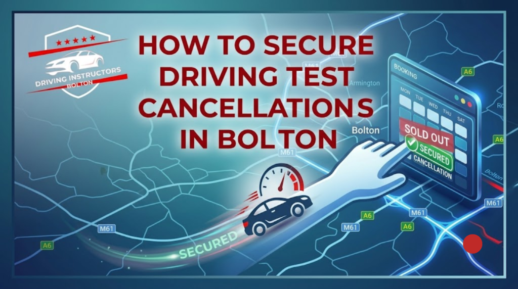 A stylized digital marketing banner for Bolton driving test cancellations. The banner has a dark blue gradient map background of Bolton with road networks. In the top-left, the 'DRIVING INSTRUCTORS BOLTON' logo is visible, featuring five red stars, a shield, and a car icon. The bold central text reads: "HOW TO SECURE DRIVING TEST CANCELLATIONS IN BOLTON". A speedometer and a car icon with a green "SECURED" light trail move across the map. On the right, a futuristic hand interacts with a digital booking tablet that shows a full calendar, with a green "SECURED" button and a red "SOLD OUT" text block.