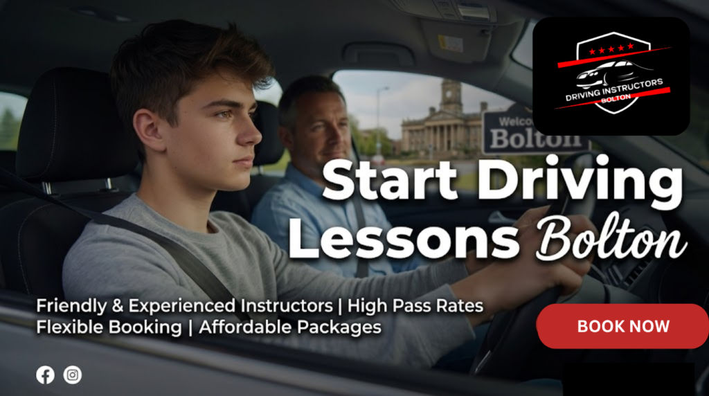 tart Driving Lessons Bolton banner featuring a driving student and instructor in a car with the Best Driving Instructors Bolton logo