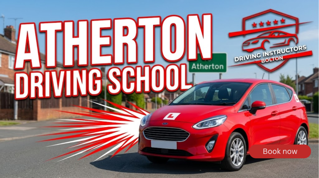 "Atherton Driving School YouTube thumbnail featuring a bright red learner car with an 'L' plate, bold white and red text reading 'ATHERTON DRIVING SCHOOL', an Atherton road sign in the background, and the Driving Instructors Bolton logo in the top right corner."