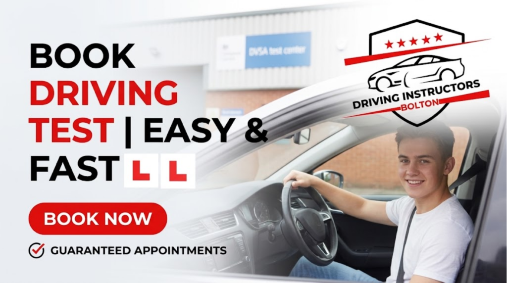 A professional banner image advertising driving test bookings, featuring a smiling young male student in the driver's seat of a car. To his left is large text that reads: BOOK DRIVING TEST | EASY & FAST, with red ‘L’ plate icons. Below it is a large red button with the text ‘BOOK NOW’. The ‘Driving Instructors Bolton’ logo with a car silhouette, red stars, and red stripes is in the top right. The background is a blurred DVSA test center building.