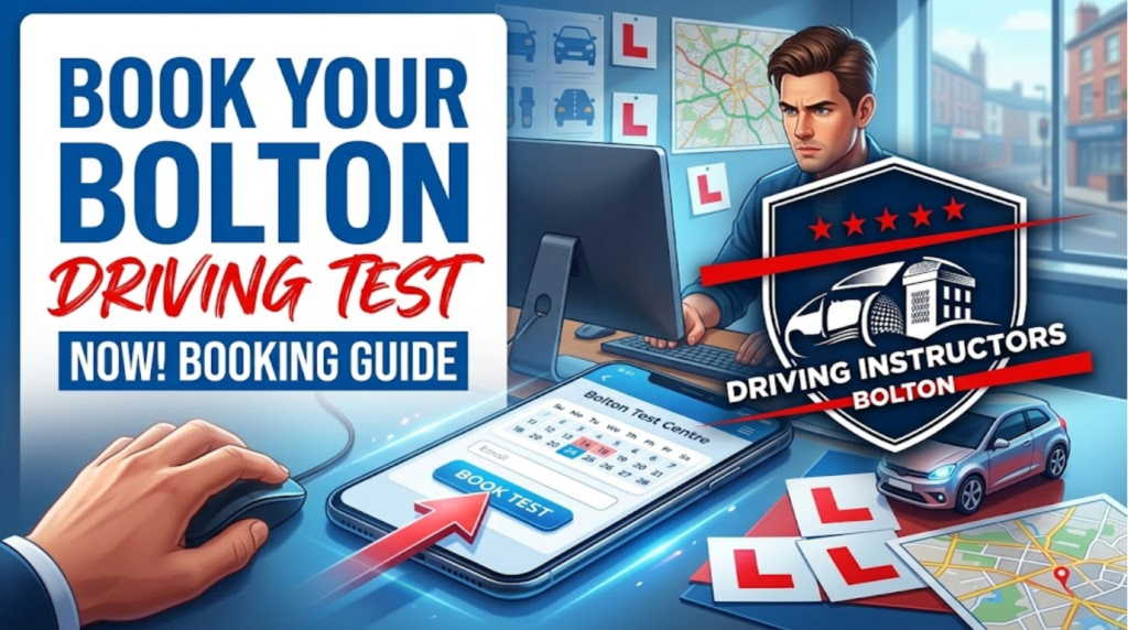 A colorful 16:9 thumbnail split into two sections. On the left is large, bold text on a white panel that reads: "BOOK YOUR BOLTON DRIVING TEST" in blue and red fonts, and "NOW! BOOKING GUIDE" on a blue banner below it. A hand holds a mouse with a red cursor arrow pointing to a mobile phone. The right side shows a man at a desk with dual monitors, L-plates, and maps on the wall, using a keyboard and mouse. On the phone screen, a 'Bolton Test Centre' calendar is open, with a 'BOOK TEST' button. A large, complex, shield-shaped logo is on the right, featuring five stars, red stripes, an architectural line drawing, and the text "DRIVING INSTRUCTORS BOLTON".