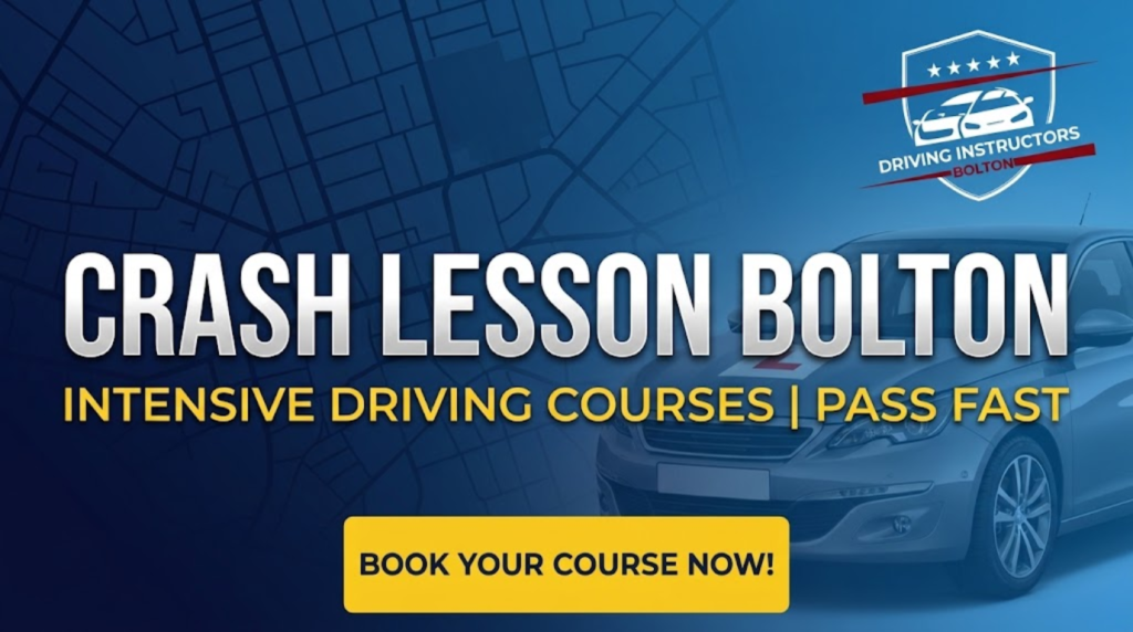 Website banner for 'Crash Lesson Bolton' featuring a modern grey learner car with a red 'L' plate on a blue digital map background. Prompts include 'Intensive Driving Courses