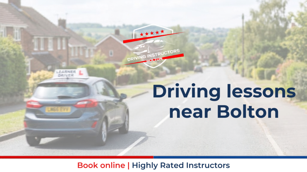 A professional marketing banner for driving lessons near Bolton. The background is a soft-focus image of a suburban residential street with a silver Learner Driver car, marked with "L" plates and a car-top sign, driving away. Three identical red and dark blue circular logos with five stars, a car icon, and the text "DI DRIVING INSTRUCTORS BOLTON" are positioned across the top. Large navy blue text on the right reads "Driving lessons near Bolton". At the very bottom, a red and dark blue bar contains the text "Book online | Highly Rated Instructors".