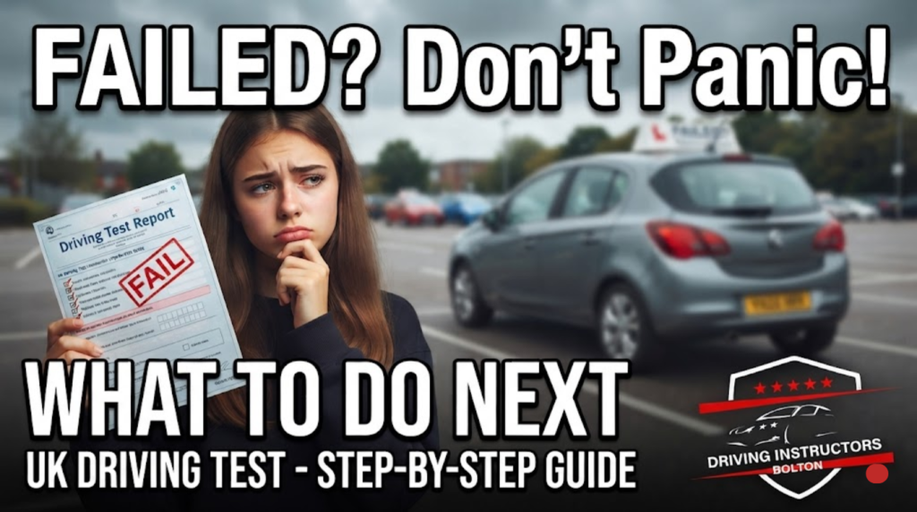 A concerned young woman holds a UK driving test report marked with a red "FAIL" stamp, with a grey car and L-plate visible in a driving test center car park in the background. Bold white text reads "FAILED? Don't Panic! WHAT TO DO NEXT UK DRIVING TEST - STEP-BY-STEP GUIDE," and a "DRIVING INSTRUCTORS BOLTON" logo is in the bottom right.