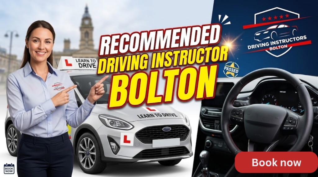 A vibrant thumbnail promoting "Recommended Driving Instructor Bolton" with an instructor, a dual-control car, and five stars