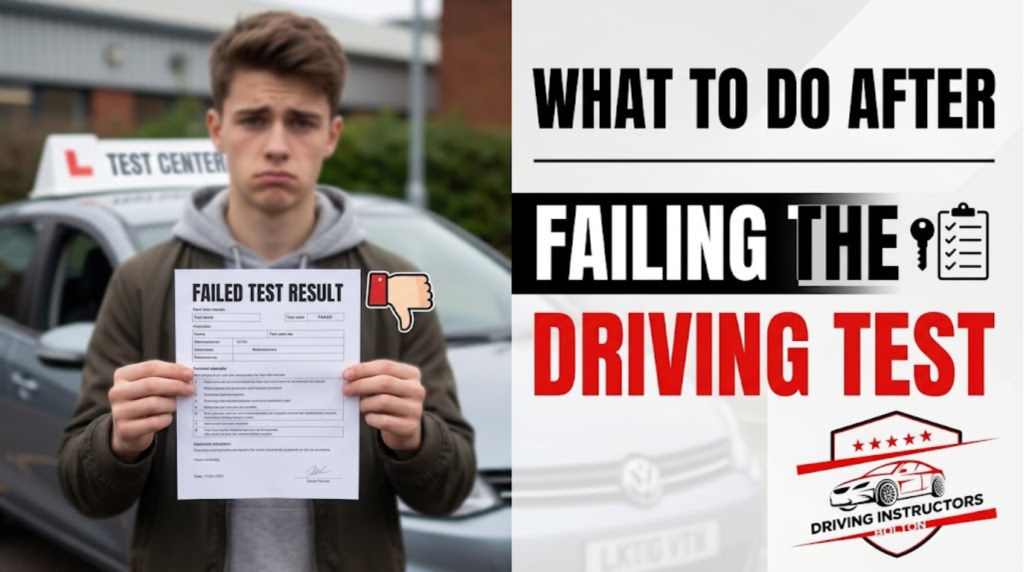 A visual representation of common post-driving test emotions, featuring a confused individual with an arrow over their head, a 'FAIL' sign, and a 'PASS' sign, illustrating the journey and steps after receiving driving test results.