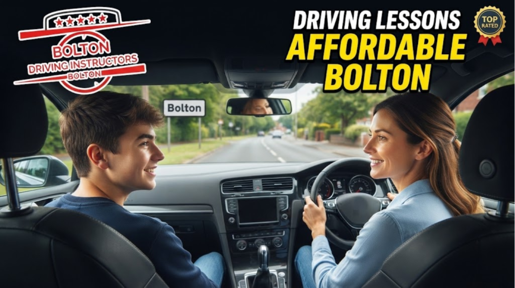 Inside a driving school car, a male student and female instructor smile at each other during a lesson in Bolton, UK, with a 'Bolton' sign visible through the windshield and a 'TOP RATED' badge in the corner.