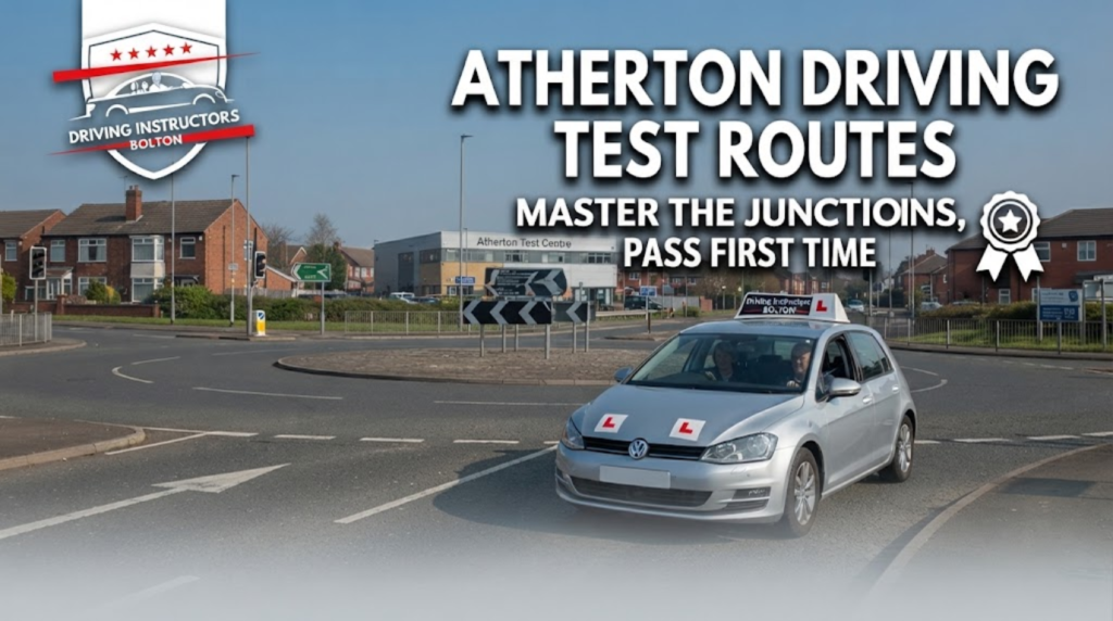 A promotional blog thumbnail for 'Driving Instructors Bolton' featuring a silver Volkswagen Golf learner car with L plates navigating a multi-lane roundabout in a UK residential area. Bold white text on the right reads: 'ATHERTON DRIVING TEST ROUTES - MASTER THE JUNCTIONS, PASS FIRST TIME'. A sign in the background points to 'Atherton Test Centre'. The 'Driving Instructors Bolton' shield logo is in the top-left corner.