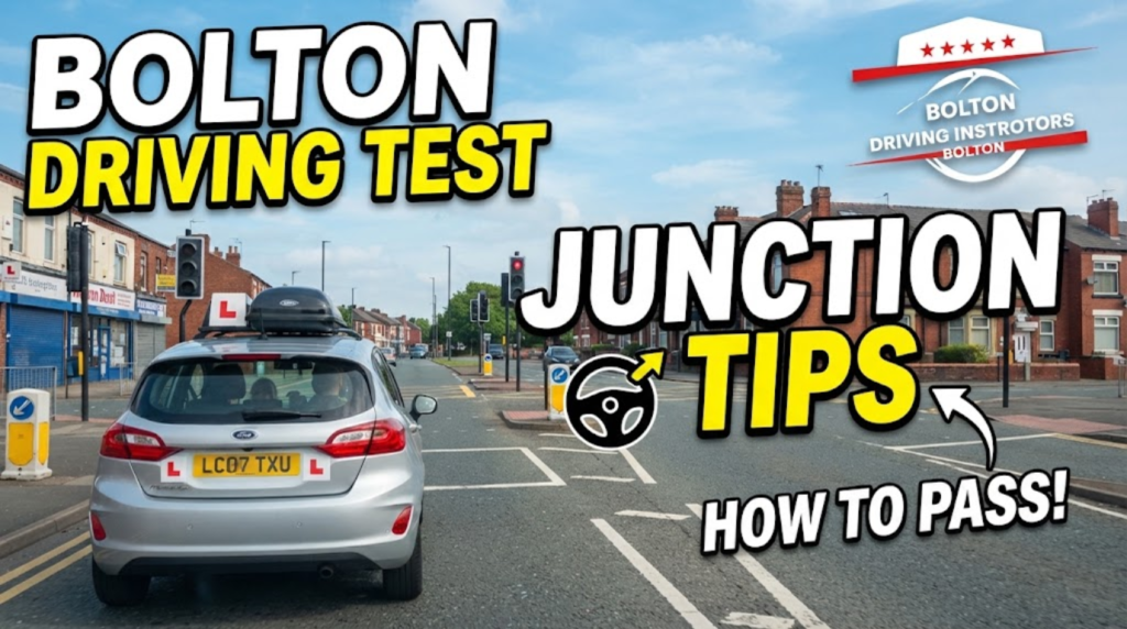 thumbnail for "Bolton Driving Instructors," featuring a silver learner driver car stopped at an urban junction in Bolton. Large bold text reads "BOLTON DRIVING TEST JUNCTION TIPS HOW TO PASS!" with the five-star logo displayed in the top right corner.