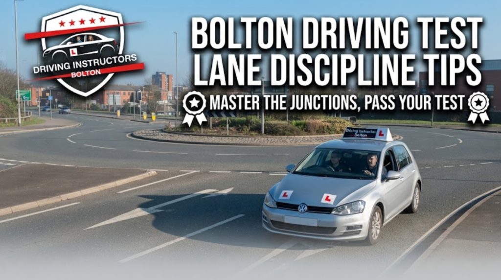 A promotional blog thumbnail for 'Driving Instructors Bolton' titled 'BOLTON DRIVING TEST LANE DISCIPLINE TIPS - MASTER THE JUNCTIONS, PASS YOUR TEST'. The image features a silver Volkswagen Golf learner car with 'L' plates navigating a multi-lane roundabout in a UK town. The 'Driving Instructors Bolton' shield logo is in the top-left corner.