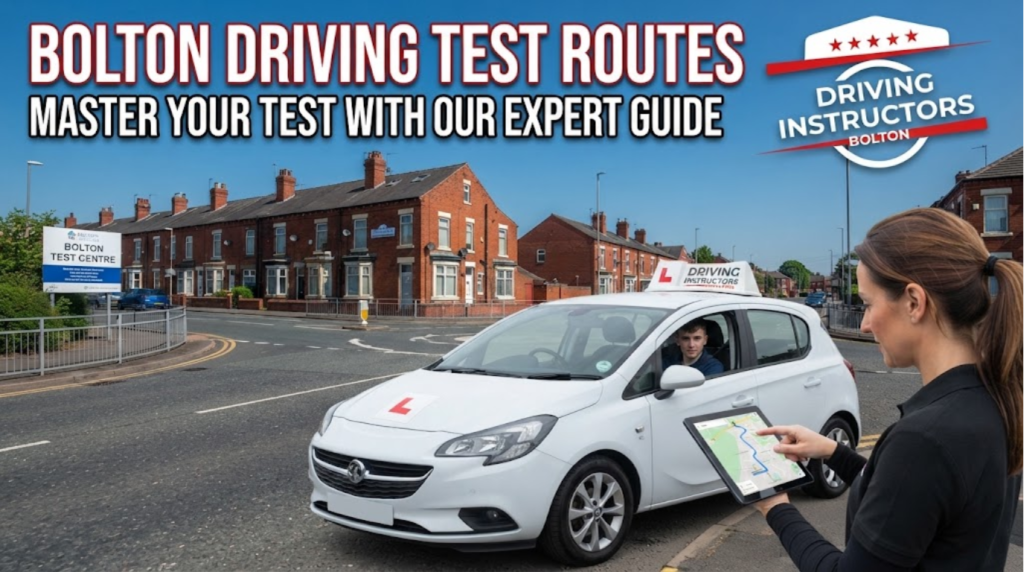 A driving instructor holds a tablet showing a map while standing next to a learner driver in a white Vauxhall Corsa. They are on an urban street in front of the Bolton Test Centre sign and red-brick houses. Bold text at the top reads: "BOLTON DRIVING TEST ROUTES: MASTER YOUR TEST WITH OUR EXPERT GUIDE." The "Driving Instructors Bolton" logo with five red stars is in the corner.