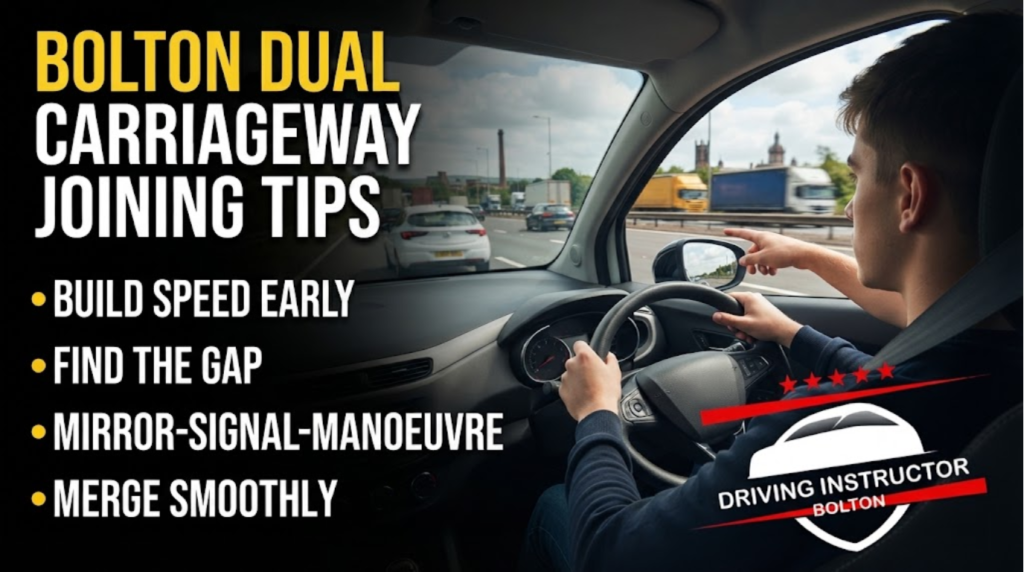 thumbnail for a driving lesson tutorial showing a driver merging onto a dual carriageway in Bolton, with bullet points for "Build Speed Early", "Find The Gap", "Mirror-Signal-Manoeuvre", and "Merge Smoothly