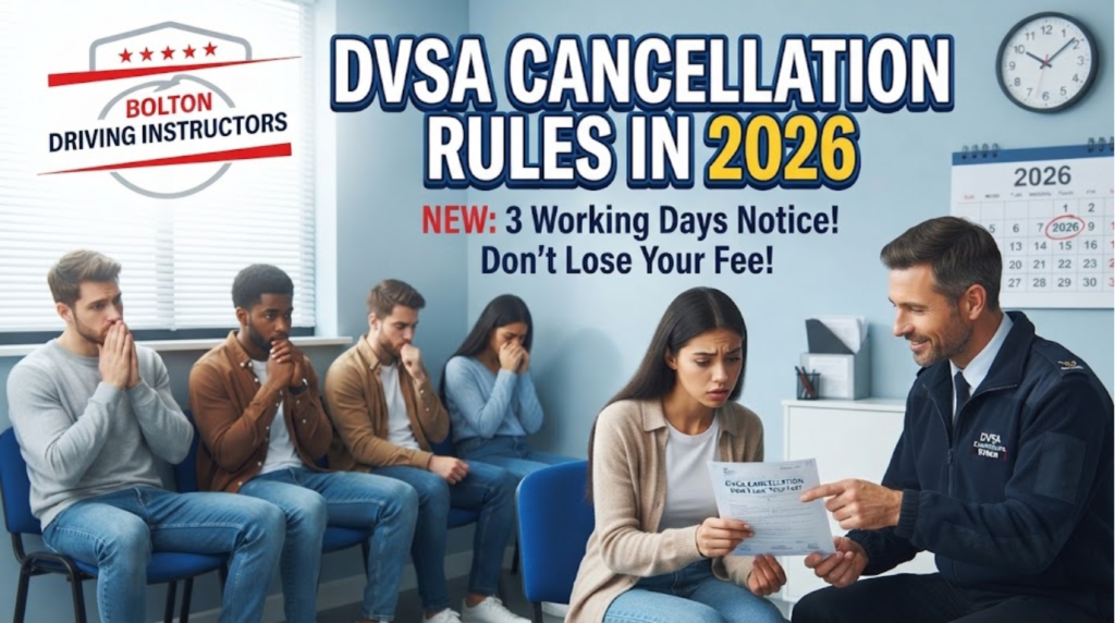 thumbnail for "Bolton Driving Instructors" titled "DVSA CANCELLATION RULES IN 2026" showing a worried female student being explained a cancellation form by a DVSA examiner, with a queue of other anxious students waiting in the background. A calendar showing 2026 is on the wall.
