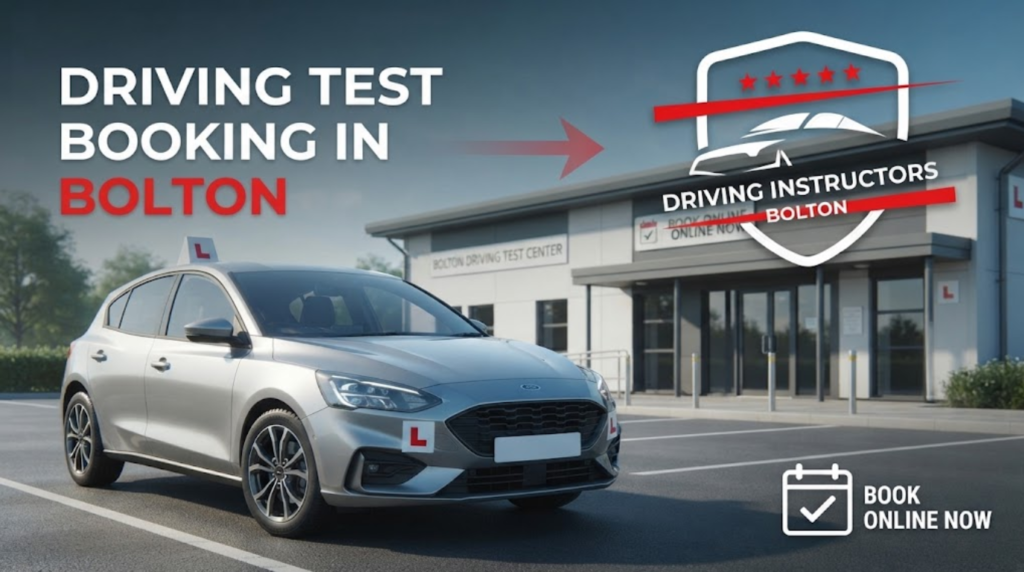 Silver Ford Focus driving school car with 'L' plates parked in front of the modern Bolton Driving Test Center building.