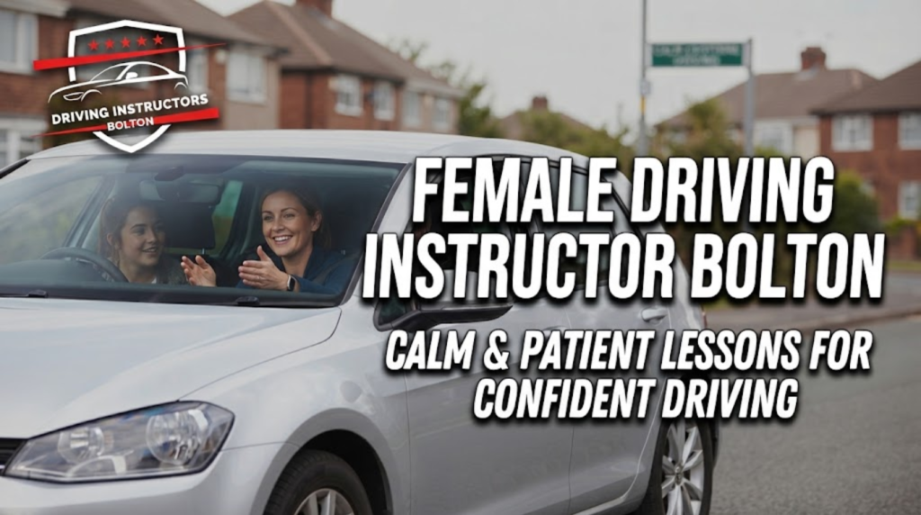 A promotional blog banner for Bolton Driving Instructors featuring a smiling female instructor in a silver learner car on a residential Bolton street. Bold white text reads: 'FEMALE DRIVING INSTRUCTOR BOLTON - CALM & PATIENT LESSONS FOR CONFIDENT DRIVING'. The official shield logo with five red stars is in the top-left corner.