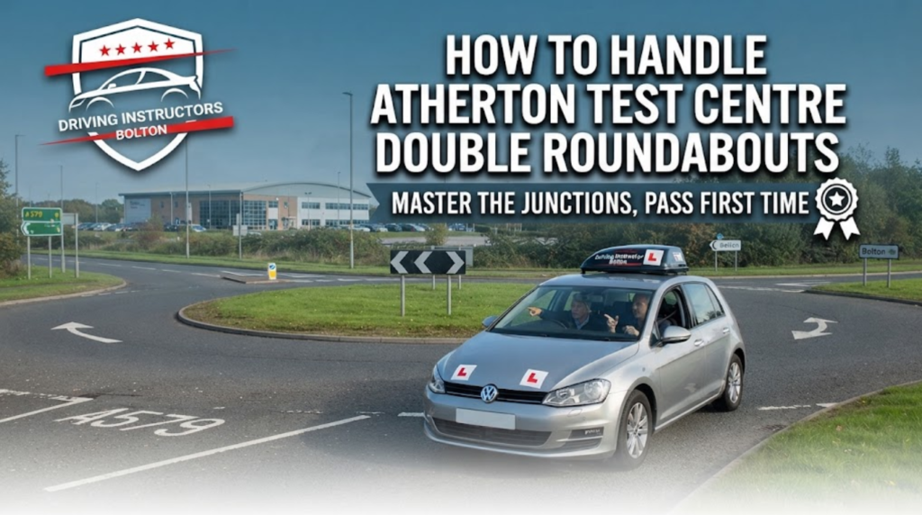 Driving Instructors Bolton promotional banner featuring a Volkswagen Golf learner car with L plates navigating the double roundabouts near the Atherton Test Centre, with a distant view of the test centre building. Bold white text reads: 'HOW TO HANDLE ATHERTON TEST CENTRE DOUBLE ROUNDABOUTS - MASTER THE JUNCTIONS, PASS FIRST TIME'. The 'Driving Instructors Bolton' shield logo is in the top-left corner.